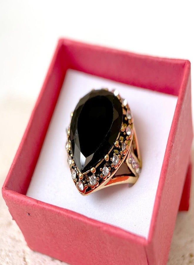 HAIXIAN Gold Black Obsidian Stone Ring for Women,Retro14K Yellow Gold Plated Waterdrop Shap Gemstone Crystal Ring,Cocktail Party Signet Ring Jewelry for Women Her (Ring_A1, 8) - Image 2